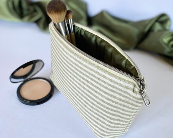 Makeup bag canvas green stripe with satin lined interior cute makeup bag