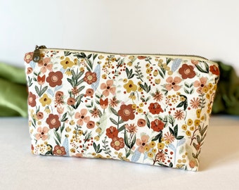 Makeup bag, cosmetic bag, floral print, satin Lining, minimalist pouch, gift for her