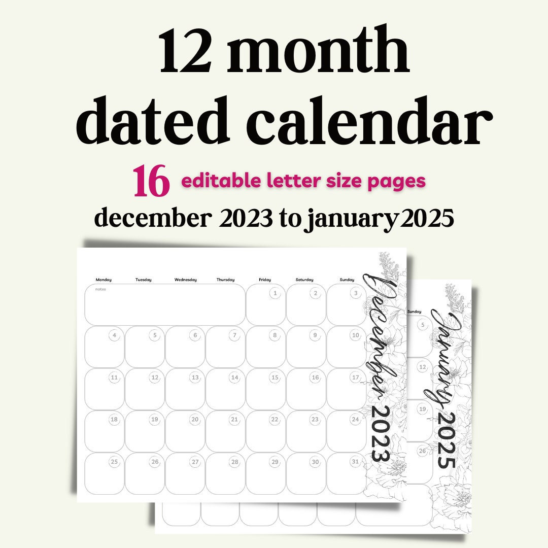 Editable 2023 2024 2025 Monthly Calendar, Back to School, Teacher Calendar, Fill in Calendar, 12