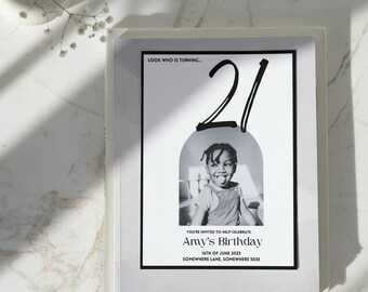 21st invite, look who is turning 21, 21st birthday, photo invite, all grown up