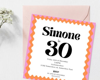 30th wavy invitation orange and pink invite 30th birthday wavy border wave theme scalloped border modern invite pink theme