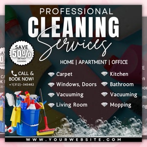 May include: A black and white flyer advertising professional cleaning services. The flyer features a blue bucket filled with cleaning supplies, a mop, and a diamond-shaped logo. The text on the flyer reads "Professional Cleaning Services", "Save 50% on First Cleaning", "Call & Book Now! +1(312)-345482", "Home | Apartment | Office", "Carpet", "Windows, Doors", "Vacuuming", "Living Room", "Kitchen", "Bathroom", "Vacuuming", "Mopping", and "www.yourwebsite.com".