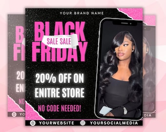 Puede incluir: Anuncio de venta del Black Friday con un esquema de color rosa y negro. El texto dice "Black Friday Sale Sale" y "20% de descuento en toda la tienda. ¡No se necesita código!" Se muestra una mujer con cabello negro largo en una imagen de pantalla de teléfono.