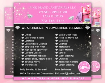 May include: Pink and black flyer advertising commercial cleaning services. The flyer features a diamond design and the text "PINK BRAND JANITORIALS LLC", "OWNER/OPERATOR", "LARA THOMAS", "772-864-8644", "WE SPECIALIZE IN COMMERCIAL CLEANING", and "WE WILL TURN A MESS INTO A MIRACLE".