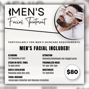 Op de afbeelding: Een witte en zwarte flyer die een gezichtsbehandeling voor mannen adverteert. De flyer bevat een foto van een man die een gezichtsbehandeling krijgt, een lijst met de inbegrepen diensten en de prijs van € 80.