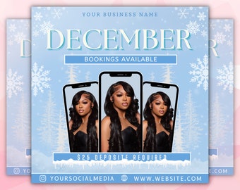 Decemberboekingen Flyer, Kerstboekingen Flyer, Vakantieboekingen beschikbaar, Boek nu afspraken, Social Media, Instagram, Bewerkbare Canva