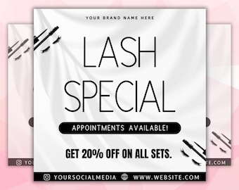 Peut inclure: Graphique blanc et rose avec le texte "LASH SPECIAL" en noir. Le texte "APPOINTMENTS AVAILABLE!" est sous le texte principal. Le texte "GET 20% OFF ON ALL SETS." est sous le texte des rendez-vous. Le graphique comprend également des images de cils et de brosses à mascara.