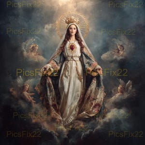 May include: A digital painting of a woman with a halo and crown, wearing a white dress and a floral-patterned cloak. A red heart is on her chest. Angels are in the background, surrounded by clouds. The artwork has a religious theme.