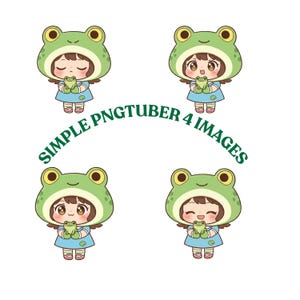 May include: Four cartoon images of a person wearing a green frog hat and holding a small green frog. The person is wearing a blue dress and has brown hair. The text "SIMPLE PNGTUBER 4 IMAGES" is in green.