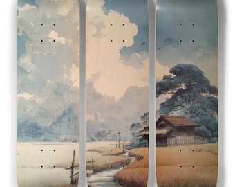 Acuarela japonesa - Arte mural de patineta - Juego de 3 tablas de skate - Pro Skateboard