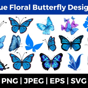 Blue Floral Butterfly Svgs, Blue Butterfly Bundle Svg, Butterfly Svgs Bundle, Flower Svgs, Blue butterfly designs