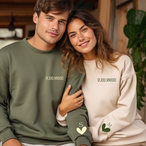 Custom Roman Numeral Date, Hoodie with Initials on Sleeves, Matching Hoodies, Valentines Day and Christmas gift,Anniversary gift
