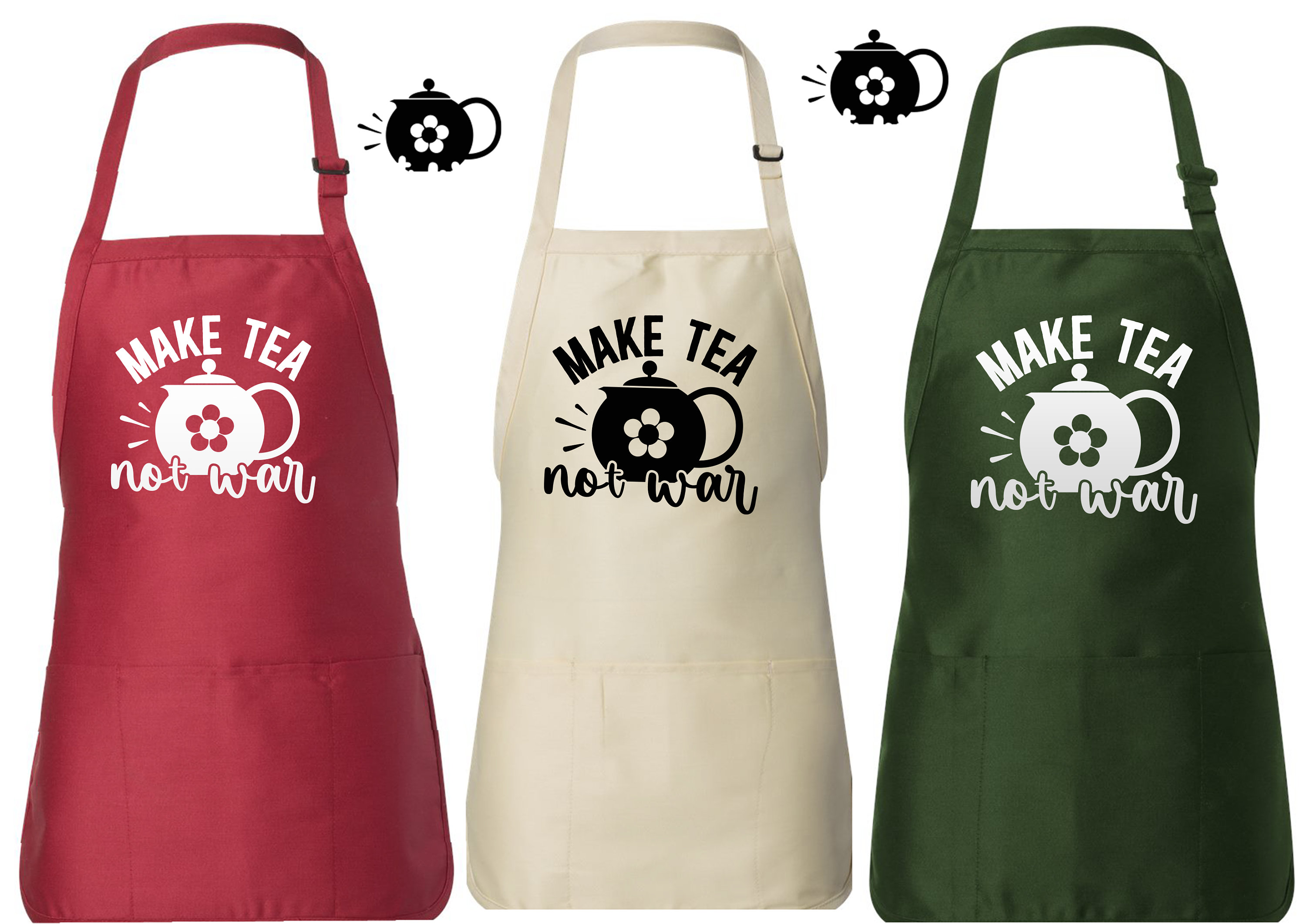 May include: Three aprons in red, cream, and green, each with a pocket and adjustable neck strap. The aprons feature a white graphic of a teapot with a flower and the text "MAKE TEA not WAR" in a whimsical font.