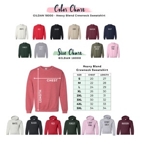 May include: A color chart and size chart for Gildan 18000 Heavy Blend Crewneck Sweatshirts. The color chart displays various sweatshirt colors, including white, red, black, and navy. The size chart shows chest and length measurements in inches for sizes S to 5XL.