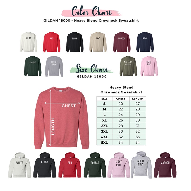 May include: A color chart and size chart for Gildan 18000 Heavy Blend Crewneck Sweatshirts. The color chart displays various sweatshirt colors, including white, red, black, and navy. The size chart shows chest and length measurements in inches for sizes S to 5XL.