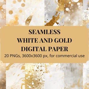 May include: A set of 20 digital papers featuring seamless white and gold patterns. The patterns include marble, glitter, and bokeh effects. The papers are 3600x3600 pixels and are for commercial use.