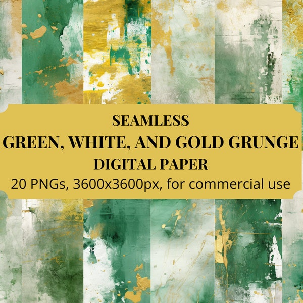 Green, Gold, and White Grunge Texture, seamless digital paper, instant download, for commercial use