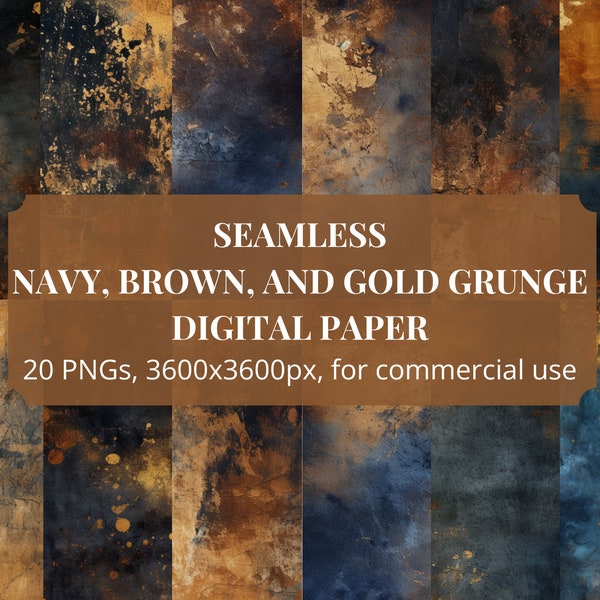 Navy, Brown, and Gold Grunge, seamless digital paper, instant download, for commercial use