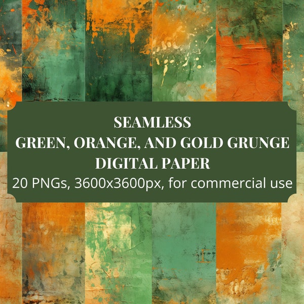 Green, Orange, and Gold Grunge, seamless grunge digital paper, instant download, for commercial use