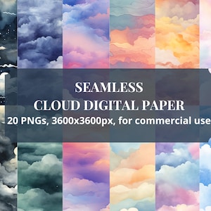 May include: A set of 20 seamless digital paper patterns featuring watercolor clouds in various colors, including blue, pink, yellow, and gray. The patterns are 3600x3600 pixels and are suitable for commercial use.
