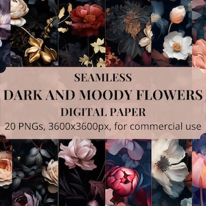 Seamless Dark and Moody Flowers, seamless florals, instant download, for commercial use, 300 dpi