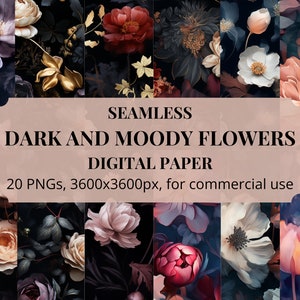 Seamless Dark and Moody Flowers, nahtlose Blumen, zum sofortigen Download, für kommerzielle Nutzung, 300 dpi