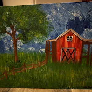 Red barn and tree painting