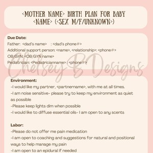 Customizable Birth Plan