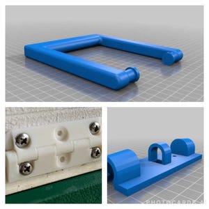 May include: Three 3D printed blue plastic parts for a cooler. The first part is a handle with two small round knobs. The second part is a hinge with four screws. The third part is a bracket with two holes and two rounded edges.
