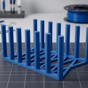 May include: A blue 3D printed storage rack featuring a rectangular base with a crisscross lattice structure and twelve vertical cylindrical posts arranged in two parallel rows, designed for organizing various items on a flat surface.