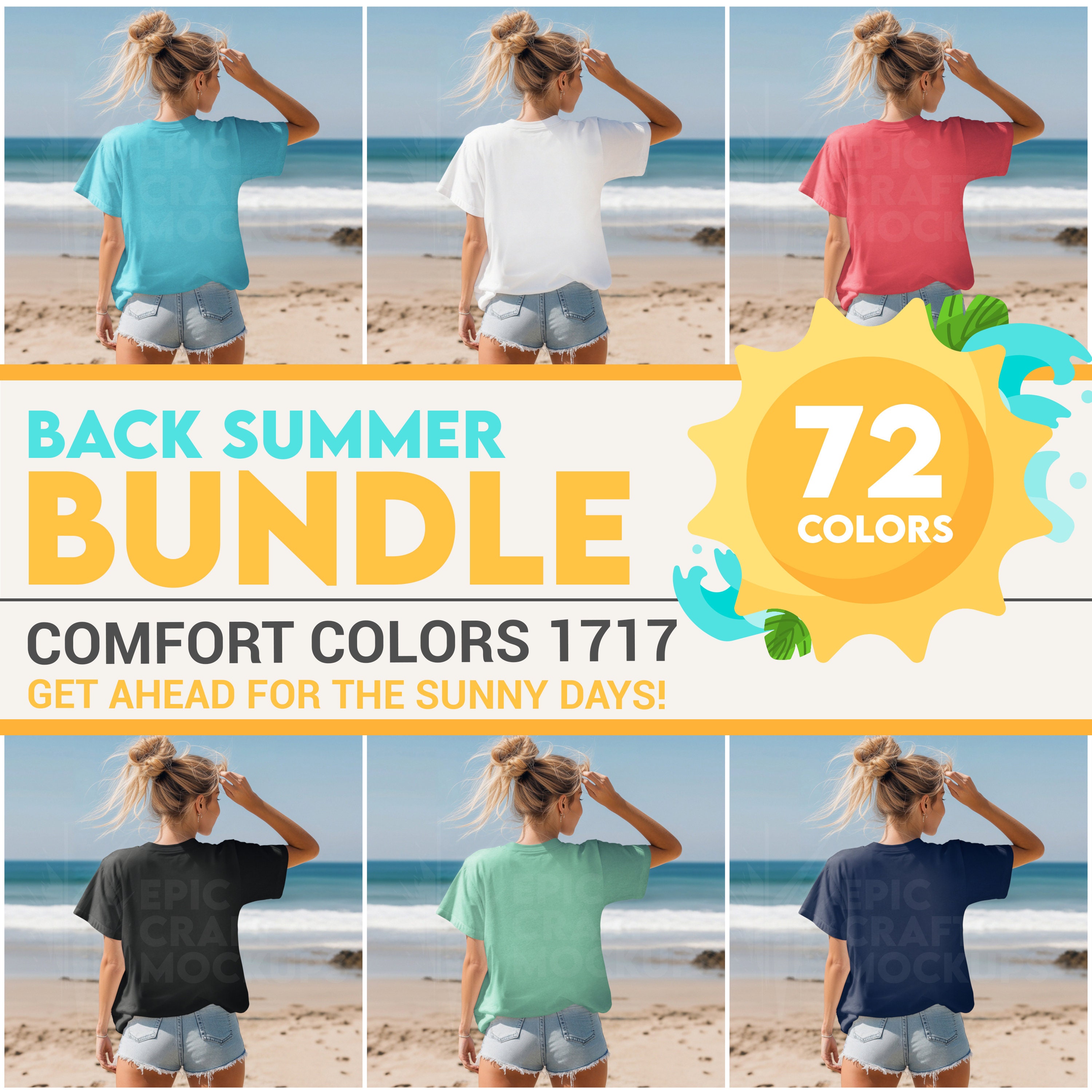 Back Summer Comfort Colors 1717 Mockup Tshirt Bundle POD Beach, CC1717 Shirt Mock-up Back Bundle Model Casual Holiday Mocks Sunny Mock Ups