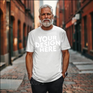 Ash Senior Alter Mann Bella Canvas 3001 Mockup Tshirt Männer Opa, BC 3001 POD Urban Style Shirt Sommer T-Shirt, männliches Modell MockUp