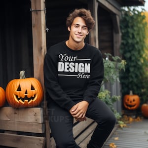 Gildan 18000 Mockup Black Pumpkin Halloween Man Model, Gildan Oversized Crewneck Mockups Outdoors, Casual Wear Mock Trendy Mockup Sweatshirt