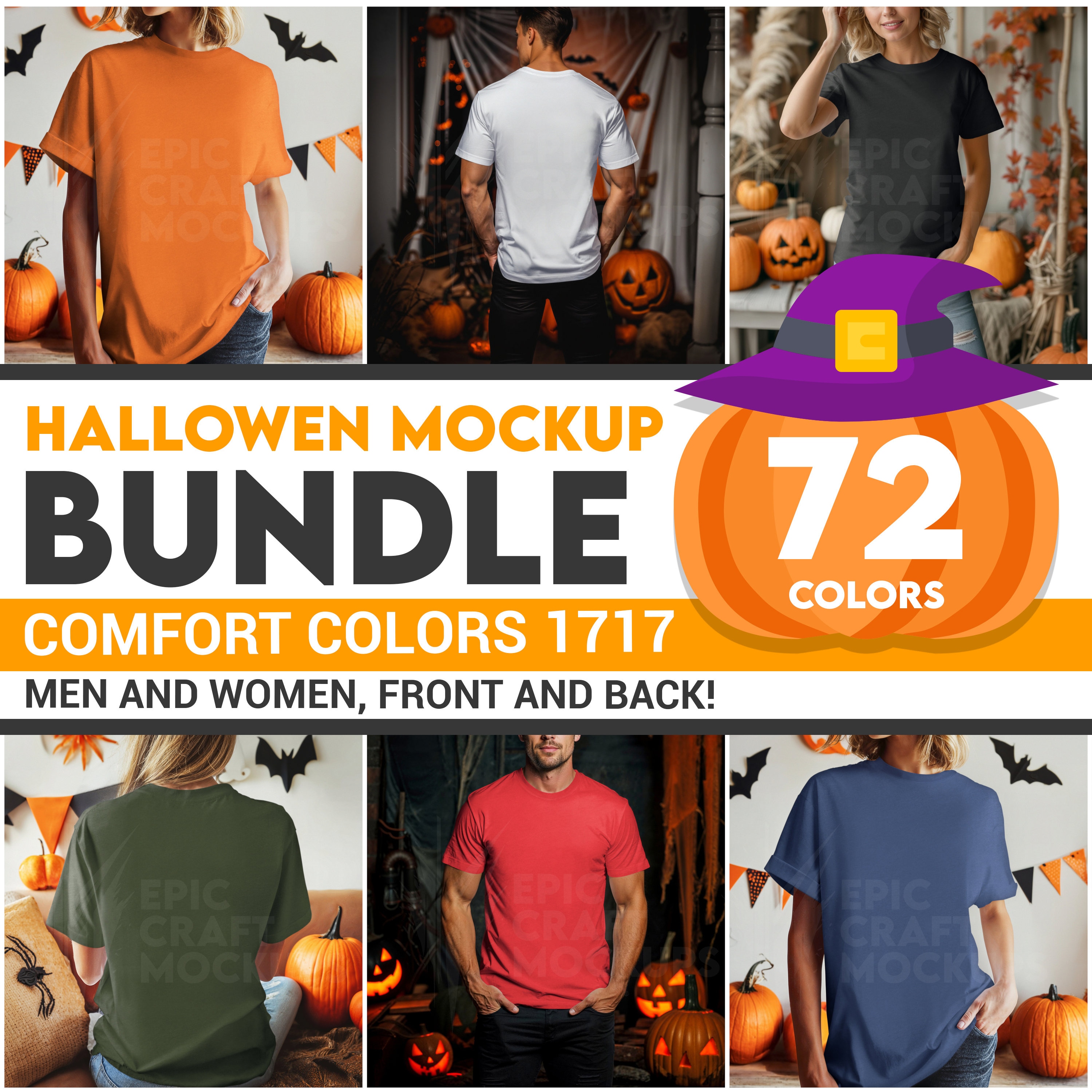 Halloween Men Women Bundle Back and Front Comfort Colors 1717 Mockup Bundle Man Tshirt, POD Fall Autumn Male Shirt Tee Model Pumpkin
