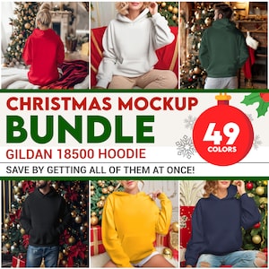 May include: A bundle of 49 colour mockups of a Gildan 18500 hoodie, featuring various models wearing the hoodie in different colours against a Christmas backdrop.  The text "CHRISTMAS MOCKUP BUNDLE" and "GILDAN 18500 HOODIE" is displayed on the image.  The text "SAVE BY GETTING ALL OF THEM AT ONCE!" is also displayed on the image.