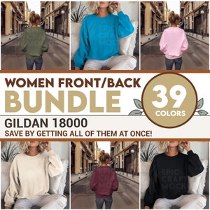 Parte anteriore posteriore Donna Gildan 18000 Mockup Bundle Felpa Donna, POD G18000 Maglione Mock Up Modello Urban Street Casual Mock-Up Modello Inverno Autunno