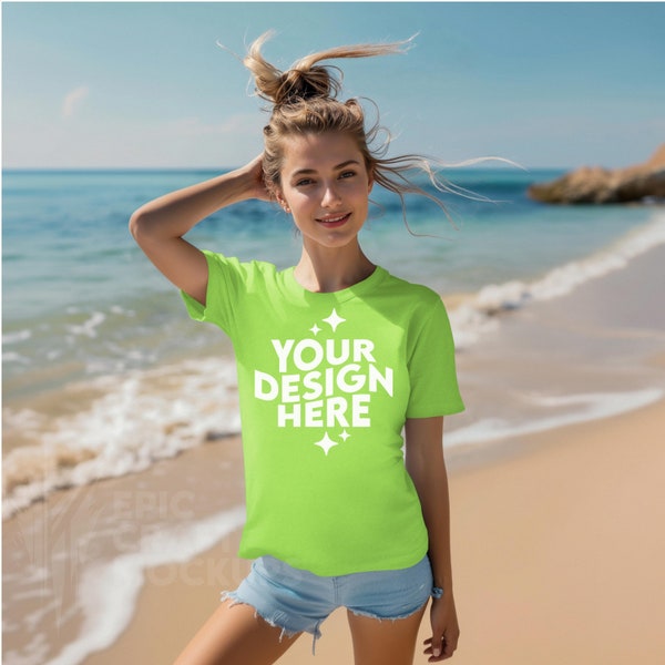 Neon Green Gildan 5000 Mockup Front Summer Beach Woman Tee Tshirt, POD G5000 Mock Up T-Shirt Print On Demand Female Model Casual