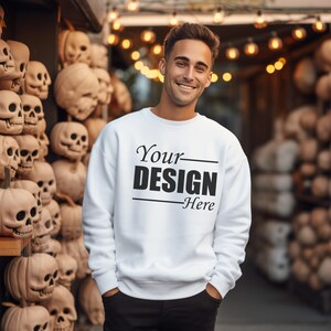 Gildan 18000 Mockup White Man Gildan Sweatshirt Mockup, Halloween Skulls Fall Autumn Crewneck Mock, Sweatshirt Mockup Fashion Mockup