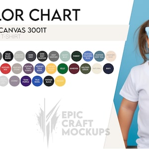 Carta de colores Bella Canvas 3001T Camiseta para niños pequeños, Tabla de colores POD BC 3001T Camiseta, Guía de colores de camisetas Bella Canvas 3001T Perfil de color