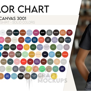 Carta de colores sólidos Bella Canvas 3001 Camiseta Mujer, Tabla de colores POD BC 3001 Camiseta, Guía de colores de camisetas Bella Canvas 3001 Perfil de color Mujer
