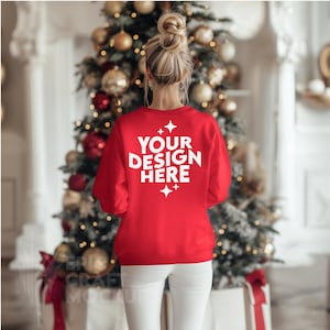 Red Back Gildan 18000 Mockup Christmas Woman Sweatshirt Oversized, POD Holidays Mock Up Sweater G18000 Print On Demand Xmas Winter