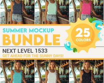 May include: A mockup of a woman wearing a variety of tank tops in different colors. The image is set against a tropical background with a sun and waves. The text "SUMMER MOCKUP BUNDLE" and "NEXT LEVEL 1533" is displayed on the image. The text "GET AHEAD FOR THE SUNNY DAYS!" is also displayed on the image. The text "25 COLORS" is displayed on a yellow sun.