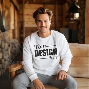 Gildan 18000 Mockup White Male Model Gildan Oversized Crewneck Mockups, Indoors Cozy Cabin Wood Winter Sweater Mock, Clothing Mockup Trendy