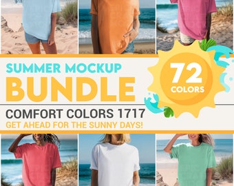May include: A mockup of a summer t-shirt bundle in 72 colors. The image shows six different t-shirts in various colors, including light blue, orange, pink, red, white, and green. The t-shirts are worn by models standing on a beach with a blue ocean in the background. The text "SUMMER MOCKUP BUNDLE COMFORT COLORS 1717 GET AHEAD FOR THE SUNNY DAYS!" is displayed at the bottom of the image. The text "72 COLORS" is displayed in a yellow circle with a sun graphic.