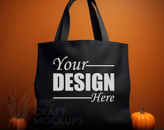 Mockup di borsa tote Borsa tote Halloween in tela nera Mock up Borsa shopping autunnale Mockup Borsa tote naturale autunno Halloween Mock up Borsa in tela