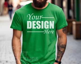 Gildan 64000 Mockup Irish Green Young Man Tshirt Mockup, Styled Shirt Mockup Summer Tee Mock, Model Mockup Mens Tee Mock Trendy Street Wear