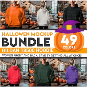 May include: A mockup bundle of 49 color Gildan 18500 hoodies for women. The hoodies are shown in various colors, including orange, white, black, red, green, and purple. The hoodies are shown in a Halloween-themed setting with pumpkins and string lights.
