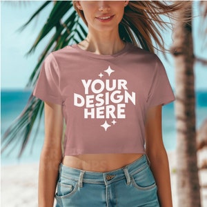 MAUVE Bella Canvas 8882 Mockup Flowy Crop Top T-Shirt, Summer Beach POD Tshirt Model Mock Up, BC 8882 Print On Demand Trendy
