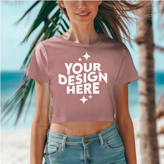 MAUVE Bella Canvas 8882 Mockup Flowy Crop Top T-Shirt, Summer Beach POD  Tshirt Model Mock Up, BC 8882 Print On Demand Trendy