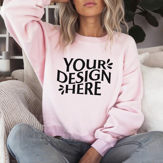 LIGHT PINK Gildan 18000 Mockup Female Model Sweatshirt Crewneck, Boho Chic Apparel Mockup, Trendy Fashion Studio Shot Casual Elegance POD